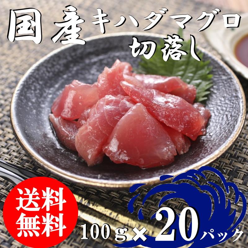 （送料無料）国産マグロ切落し（上）　100ｇ×20パックセット　キハダマグロ　配送不可地域あり　きはだまぐろ　代引き不可