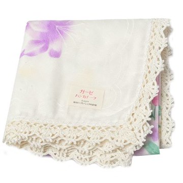 日本製蕾絲邊棉100%優美紫花紗布手帕(42cm)