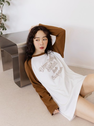 棉質撞色印花拉克蘭袖長版上衣