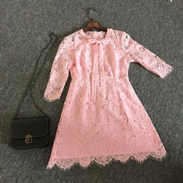 現貨+預購 蕾絲洋裝 七分袖連身裙-韓版蝴蝶結精緻睫毛流行女裝裙子72f14【獨家進口】【米蘭精品】