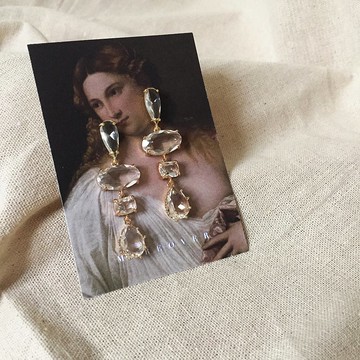 少女的願望  |  金屬鑲邊透明切割玻璃水晶垂墜耳環 (925銀針)