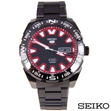 SEIKO精工  精工5夜光自動紅色指針槍黑色不鏽鋼男士錶 SRP749K