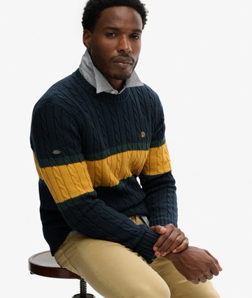 Superdry Men's Cotton Stripe Cable Jumper Navy Size: S