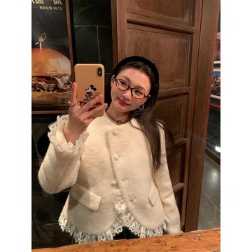 落落狷介加絨毛呢外套女2024年新款設計感蕾絲拼接小個子羊毛外套