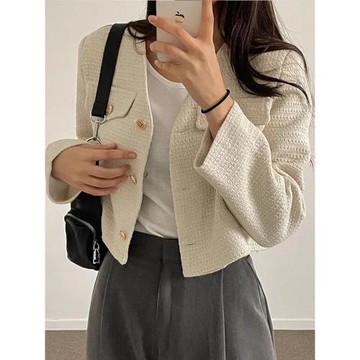 chic法式復古溫柔短款小香風外套女小個子高級感氣質圓領長袖上衣