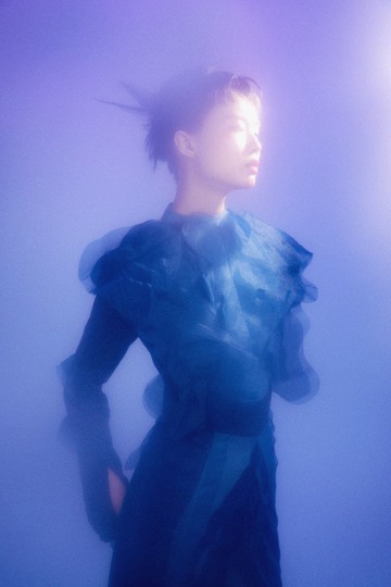 蝴蝶深藍色切割剪裁拖尾連身褲裝禮服