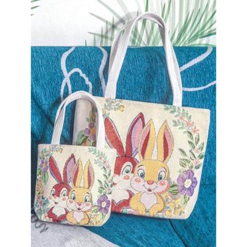 卡通兔子包包女帆布雙面金絲提花刺繡學生補習包媽咪包親子單肩包