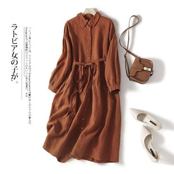 中長款麻料連衣裙女2024新款秋季寬松大碼綁帶氣質棉麻長袖襯衫裙