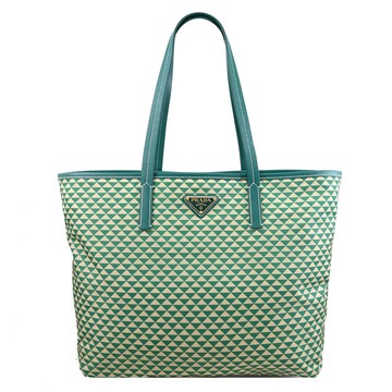 PRADA 1BG552 經典三角LOGO幾何花紋尼龍肩背托特包.綠