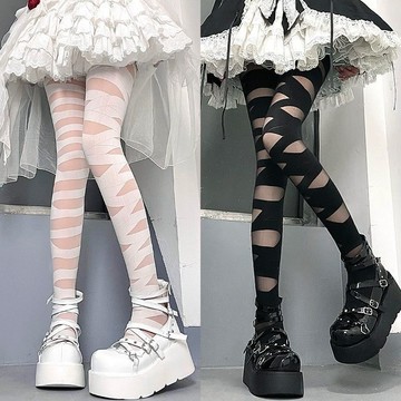台灣現貨【法拉米拉】lolita交叉綁帶白絲襪女夏季薄款純欲黑絲性感龐克辣妹條紋褲襪 33-0189