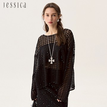 JESSICA - 時尚閃片半鏤空透膚長袖針織衫J53502