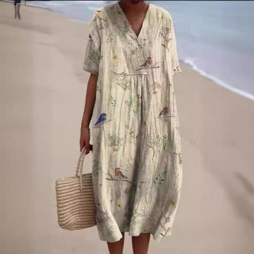 獨立站女裝 五分袖 大V領 印花中長裙