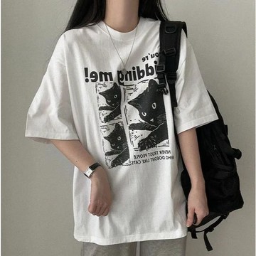 已售9642件💖Vuja de 純棉 t恤 短袖上衣女 貓咪印花 T恤 韓國上衣 oversize T恤 寬鬆上衣 i