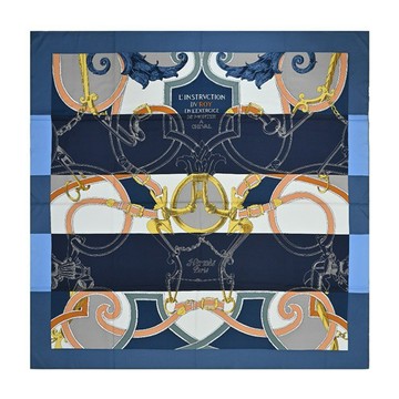 [平輸版]Hermes 愛馬仕 L'Instruction du Roy Bayadere 140 cm手工捲邊喀什米爾與真絲混紡方巾(石板藍/海軍藍/金)真品平輸