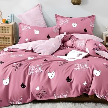 貝淇小舖 柔絲棉 床包組 聚酯纖維磨毛處理 觸感柔軟舒適 四季皆宜  床包 + 枕套組  雙人  貓寧粉