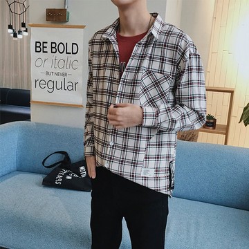 FINDSENSE H1 2018 夏季 新款 帥氣 簡潔 格子襯衫長袖 寬鬆 免燙 休閒襯衫 男 潮流 上衣 男