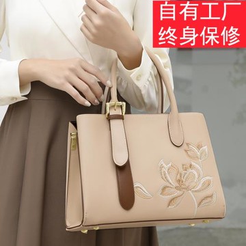 真皮女包2025新款國風刺繡大容量時尚百搭中年媽媽包手提單肩斜挎