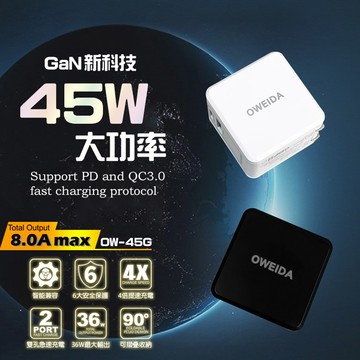 【Oweida】GaN氮化鎵 45W 雙孔PD+QC 折疊快速充電器