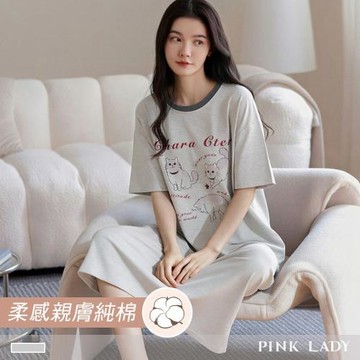 【PINK LADY】純棉連身睡裙 慵懶小貓 短袖睡衣 居家服(女睡衣/圓領/連衣裙/春夏睡衣/女睡裙/圓領) 55290
