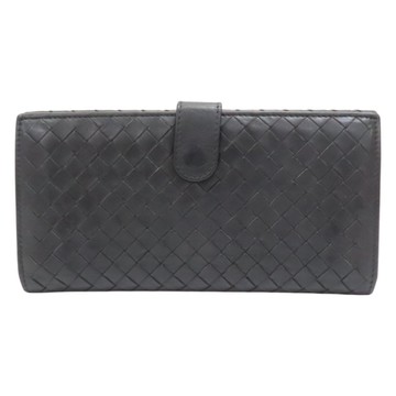 【二手名牌BRAND OFF】BOTTEGA VENETA 寶緹嘉 黑色 編織羊皮 扣式長夾