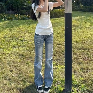 7735 人次標註收藏🎗️美式小衆高街低腰設計感微喇辣妹修身百搭彈力窄版直筒褲牛仔褲女IAM5