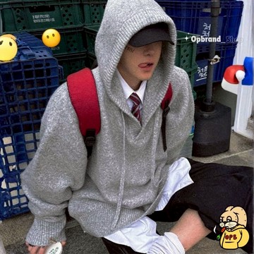 【OPB】針織毛衣 連帽毛衣 絨毛毛衣 V領毛衣 帽繩 保暖 耐穿 男 女 寬鬆 落肩 素色 長袖 情侶