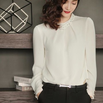 預購BRIGA SILK-B519 設計師純色釘鑽薄款立領長袖襯衫女上衣