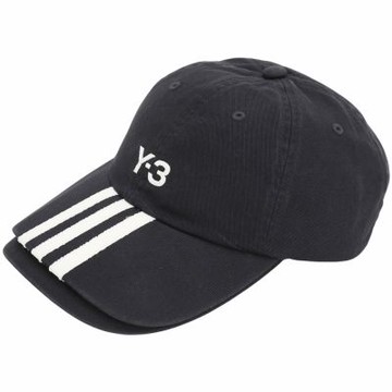 Y-3 Adidas 刺繡字母斜紋布條紋雙層帽簷純棉棒球帽(58CM/黑色)