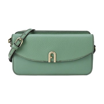 FURLA PRIMULA拱門LOGO荔枝紋前口袋拉鍊斜背包-湖水綠