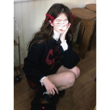 美式復古黑色蝴蝶結套頭毛衣女秋冬2026新款加厚保暖內搭針織上衣