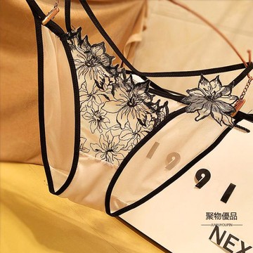 性感蕾絲女士內褲輕薄透氣文藝宮廷刺繡花朵三角褲誘惑透明【聚物優品】