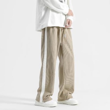 日系復古側邊拼接條紋休閑褲女潮牌寬松垂感直筒闊腿運動百搭長褲