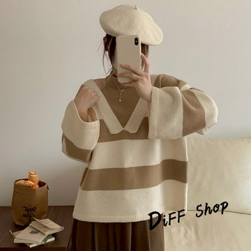 韓版慵懶風假兩件寬鬆條紋針織上衣【W534】