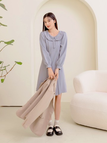 蝴蝶結娃娃領拋袖百褶中洋裝