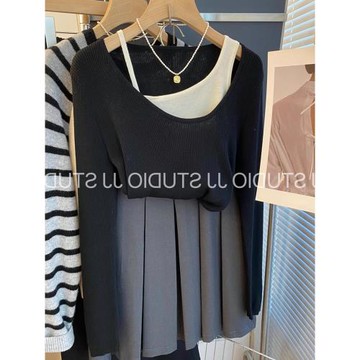 設計感撞色假兩件吊帶針織衫女秋季新款小個子收腰顯瘦打底衫上衣