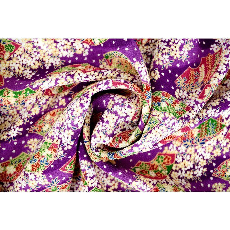宇仁繊維小紋工房二越ちりめん扇に花(K-89-C)紫1m×112cm生地、和柄、江戸小紋、洗えるちりめん、ポリエステル100%、日本製、着物