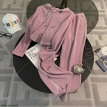 休閒粉色運動套裝女早秋寬鬆開叉闊腿褲兩件套