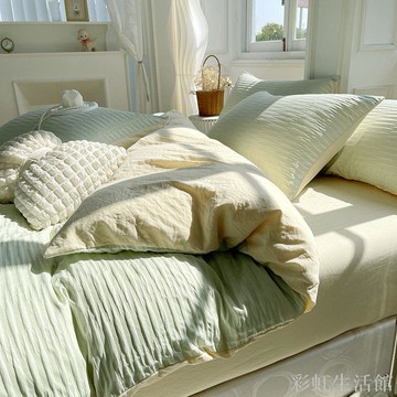 ins輕奢純色雙拼泡泡紗水洗棉三件套床品四件套學生宿舍床單被套