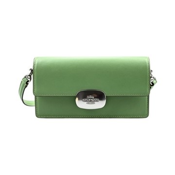 [平輸版] 【COACH】 ELIZA莫蘭迪抹茶綠素面全皮橢圓金釦翻蓋橫式手抓斜背包/隨身包/手機包/晚宴包 (迷你) 真品平輸