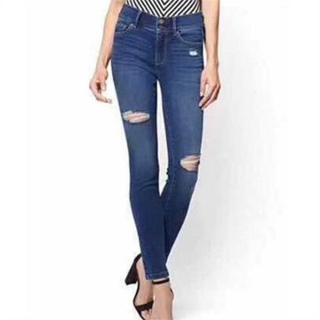 心冉女裝春季深藍色水洗磨白破洞彈力款小腳鉛筆牛仔褲大碼胖MM