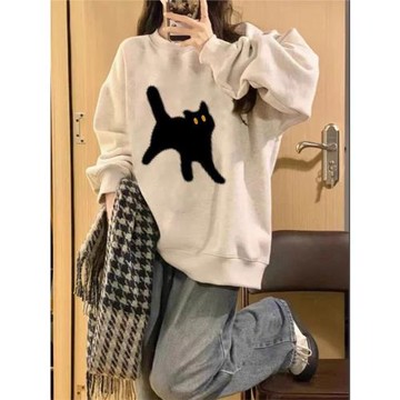 衛衣女裝2026春季新款卡通貓咪印花寬松顯瘦休閑加絨圓領長袖上衣