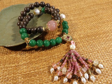 越南沉香搭配寒玉多寶流蘇雙圈手鏈 珠徑8mm