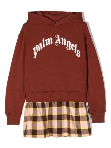 Palm Angels Kids - logo-print plaid hoodie panelled dress - kids - Cotton/Cotton/Elastane - 4 - Brown