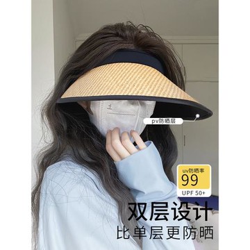 韓國加倍uv防曬草帽女夏季防紫外線遮太陽大檐遮臉空頂顯臉小帽子