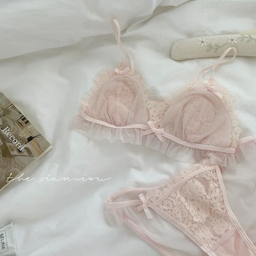 Xuan♥新款法式純慾蕾絲性感無鋼圈三角杯內衣套裝兔耳朵杯文胸套裝