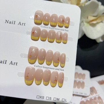 ➕最新設計款穿戴甲💅【甜橙氣泡】顯白可愛黃色法式格紋綫條款小立體櫻桃純手工穿戴甲短方穿戴甲 A5RA