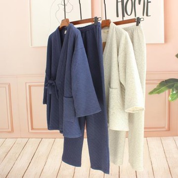 日式秋冬全棉加厚和服套裝男士冬季空氣棉三層夾棉系帶睡衣家居服