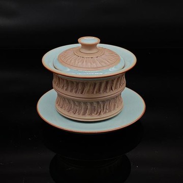 傳承汝瓷精致重工跳刀竹節蓋碗單人茶杯單杯