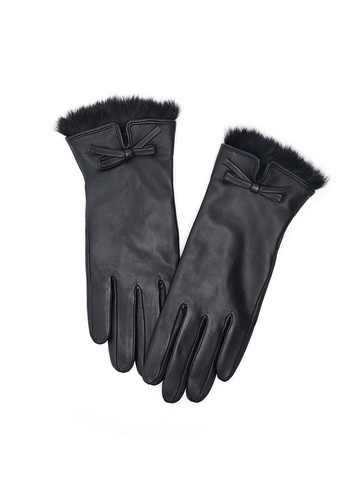 柔絨毛毛蝴蝶結高級羊皮手套-黑