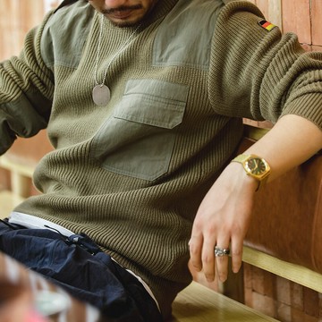 馬登工裝美式復古軍綠色德軍毛衣厚實保暖內搭打底針織衫男士秋冬